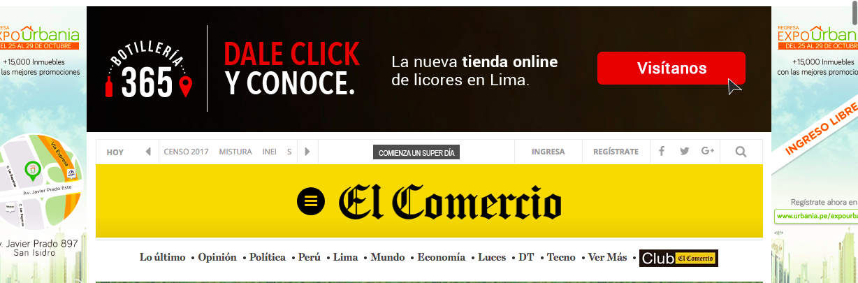Uno de los tipos de publicidad web más comunes: el banner. La foto es un screenshot de la web del diario El Comercio. Sobre el título de la web se despliega un anuncio publicitario de color negro con letras rojas y blancas que publicitan una tienda de bebidas alcohólicas.