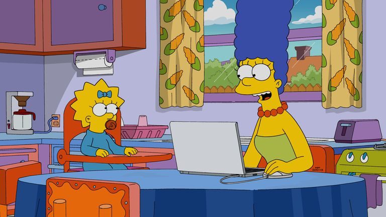 Marge y Maggie Simpson aprendiendo en su cocina sobre los tipos de publicidad web en un artículo de comsandbrands